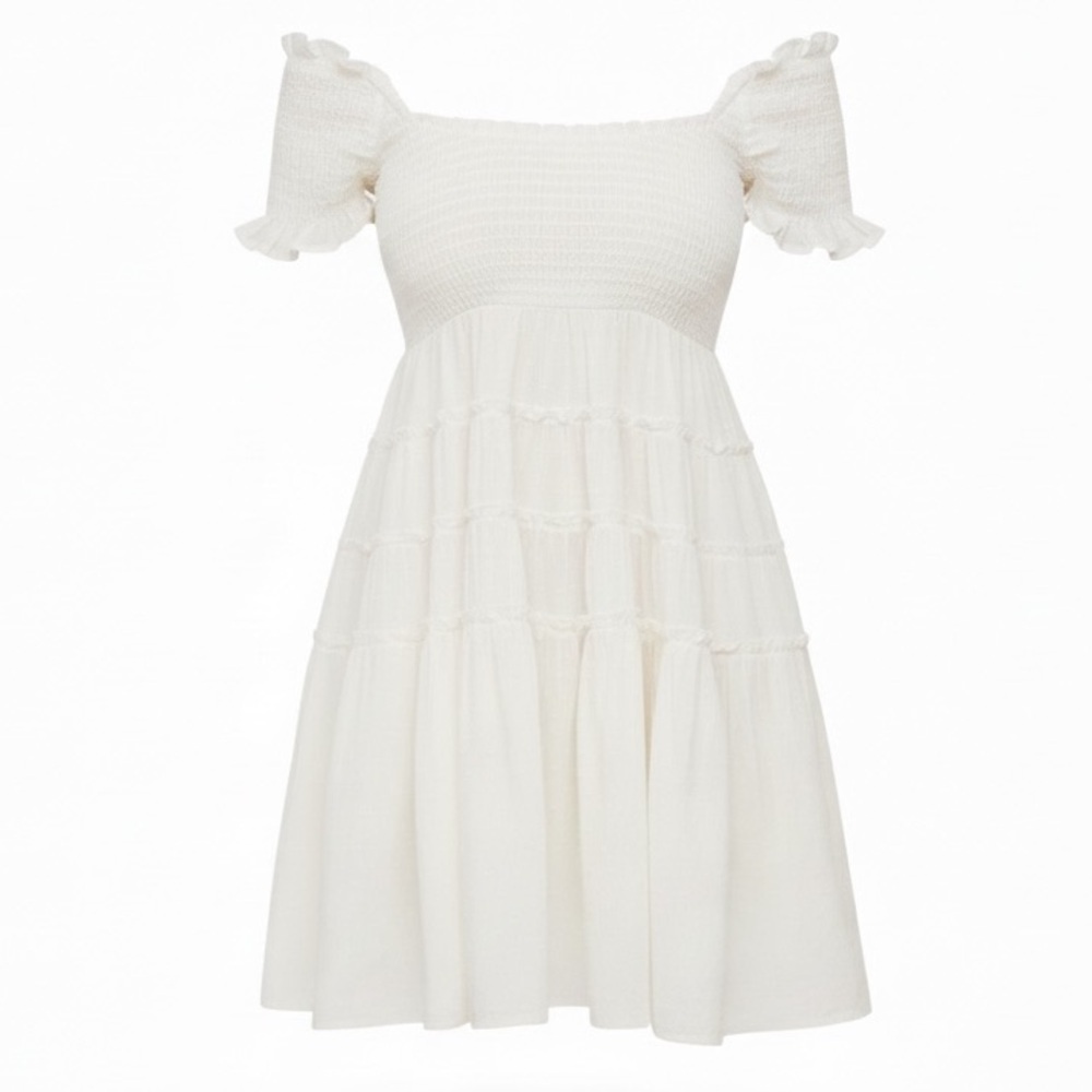 AEO Sundress white off-the-shoulder smocked tiered mini dress